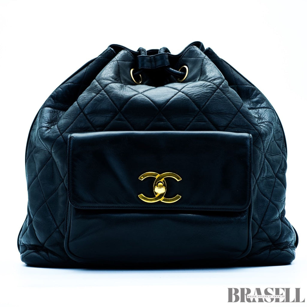 Chanel Vintage Matelassé Drawstring Backpack Rucksack Bag Black Women