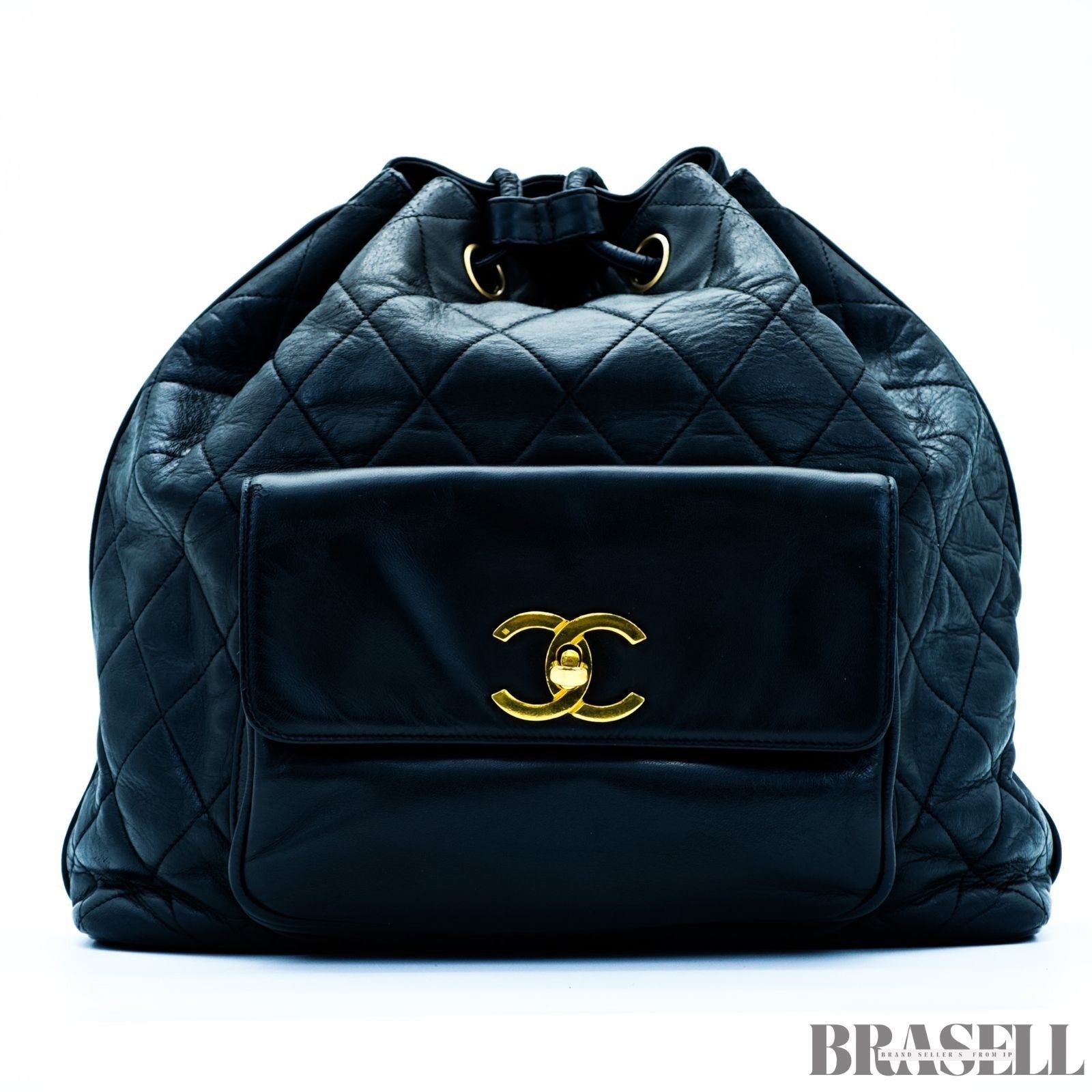 Chanel Vintage Matelassé Drawstring Backpack Rucksack Bag Black Women