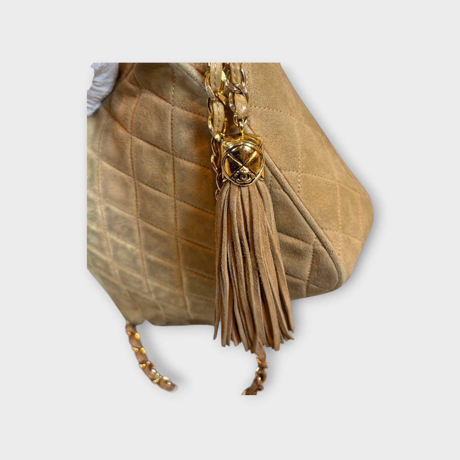 CHANEL Chain Shoulder Bag Matelassé Suede Leather Coco Mark Beige 【B】