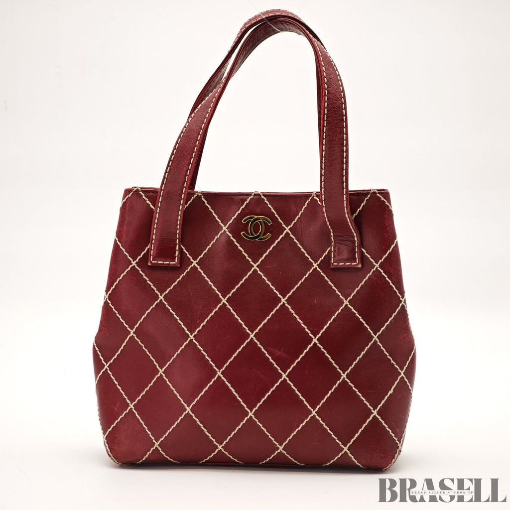 Authentic CHANEL Wild Stitch Tote Bag Handbag Leather Red Magnet Women