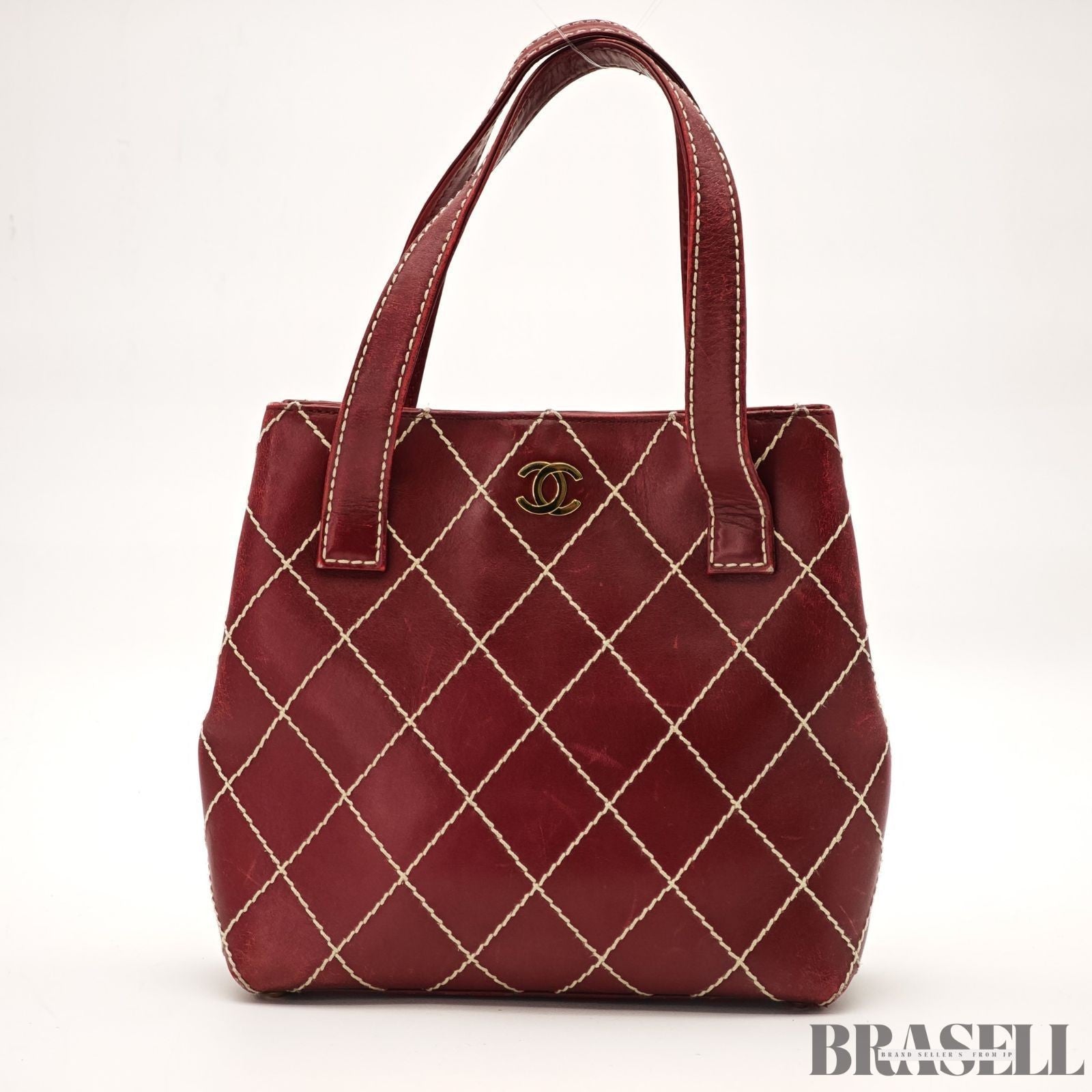 Authentic CHANEL Wild Stitch Tote Bag Handbag Leather Red Magnet Women