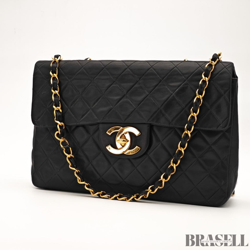CHANEL Maxi Jumbo Quilted Matelasse Lambskin Flap Bag Handbag Black