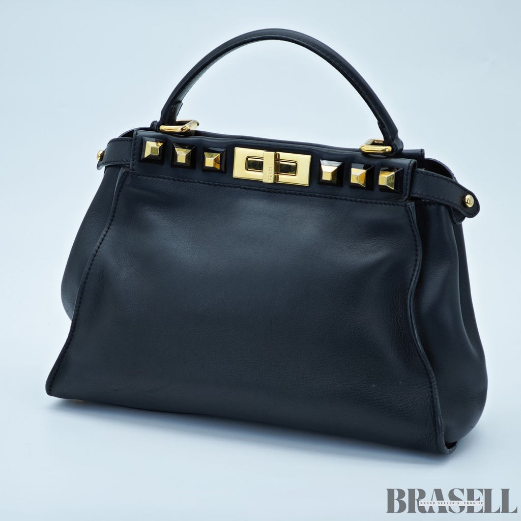 FENDI Peekaboo 8BN290 Large Black Leather Handbag Shoulder Bag Women’s
