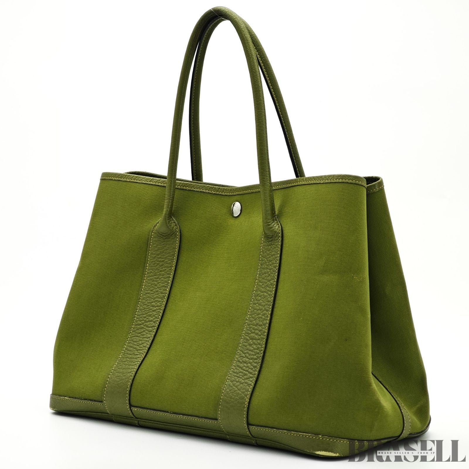 HERMES Garden Party MM Green Cobalt Canvas Leather Tote Bag Women’s