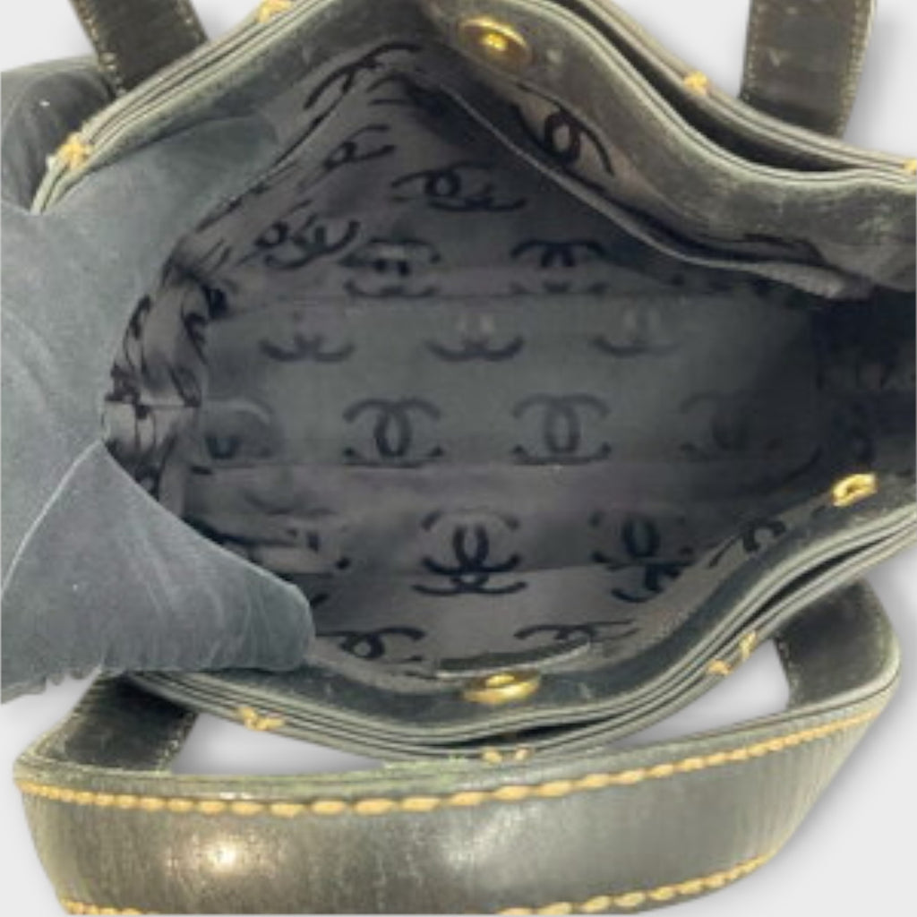 CHANEL A18126 Wild Stitch Tote Bag Leather Serial Seal Peeling Black x Beige