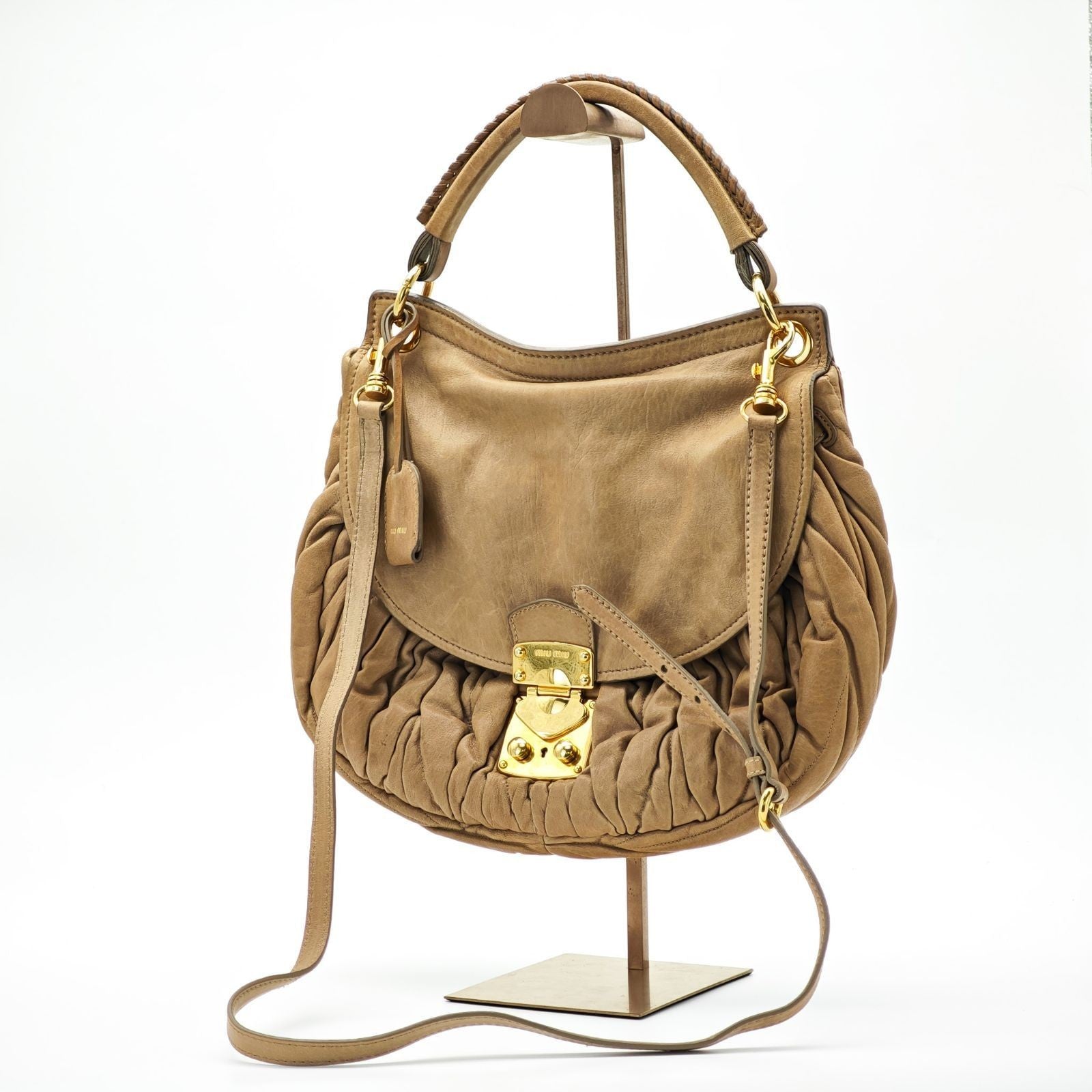 MIU MIU Matelassé Leather Handbag 2-Way Brown Women's