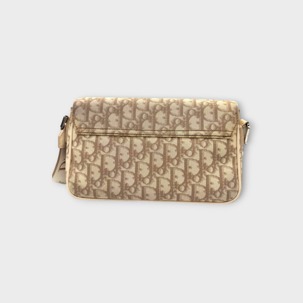 Dior Trotter Flower Embroidery Shoulder Bag CD Hardware Canvas Leather Beige 【B】