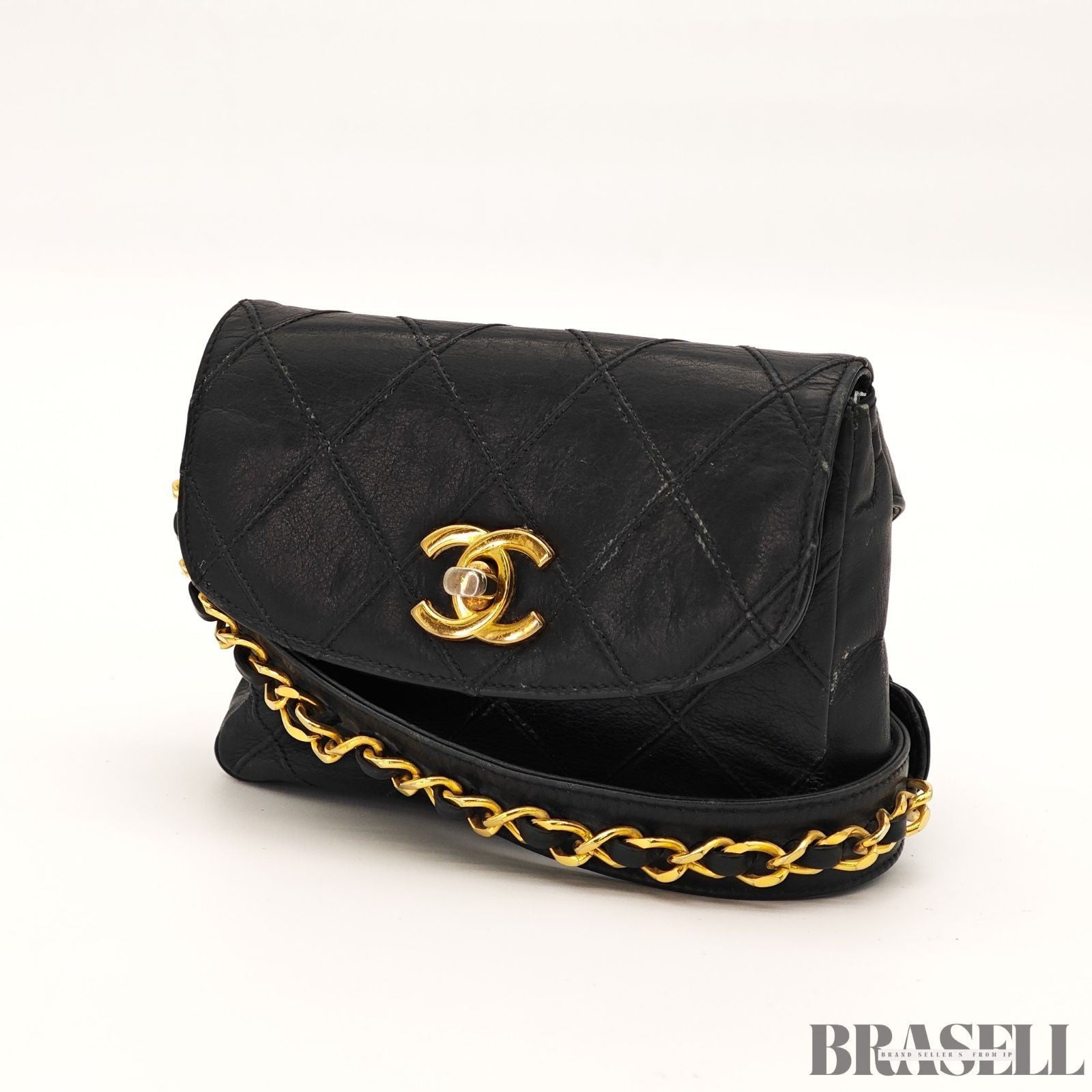 CHANEL Belt Bag Black Leather Gold Turnlock CC Logo Chain Waist Pouch Quilting