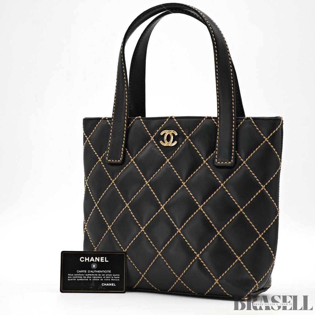 CHANEL Wild Stitch Tote Bag Handbag Calf Leather Black with Warranty Card