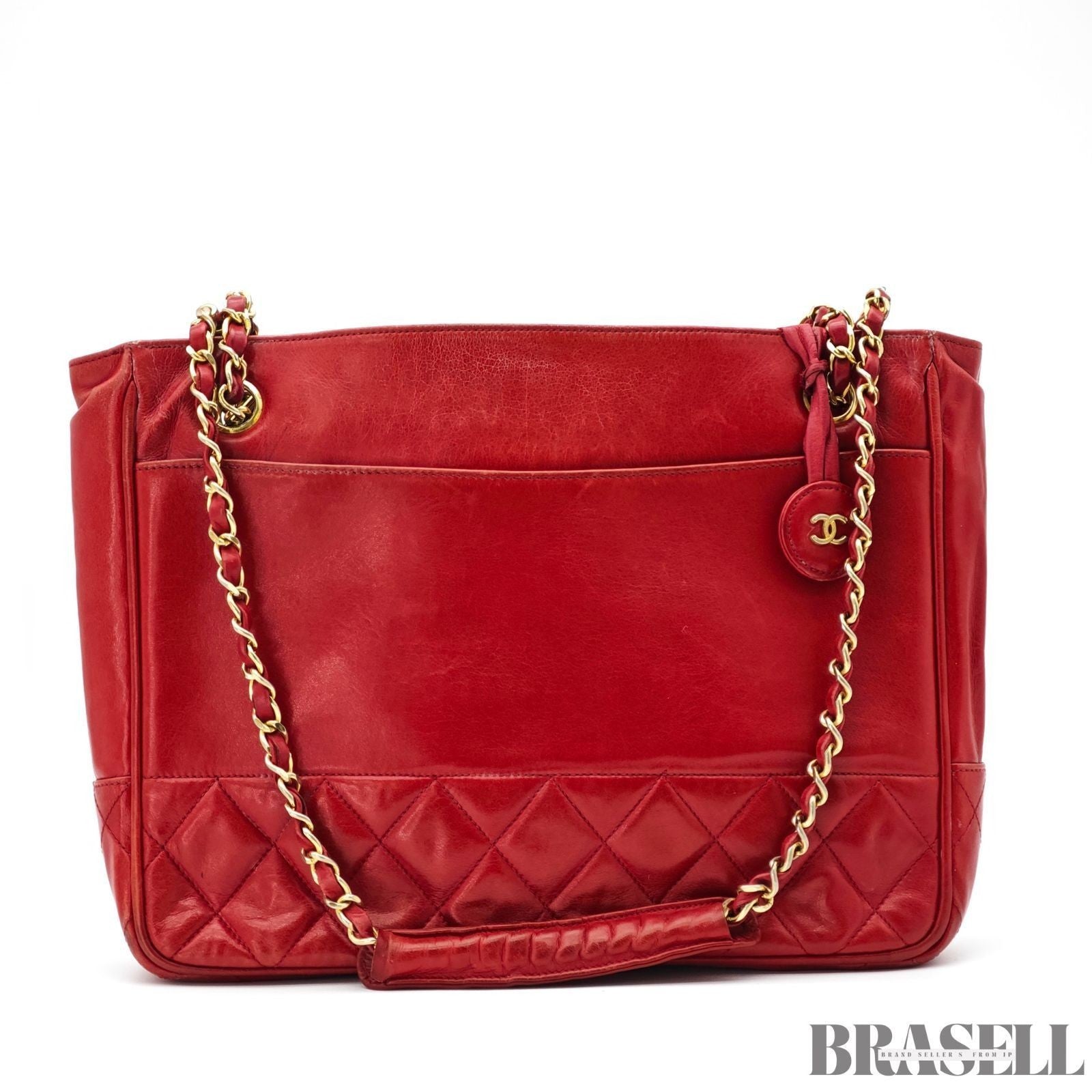 CHANEL Matelasse Lambskin Tote Bag Red Quilted Shoulder Bag Women's Guarantee