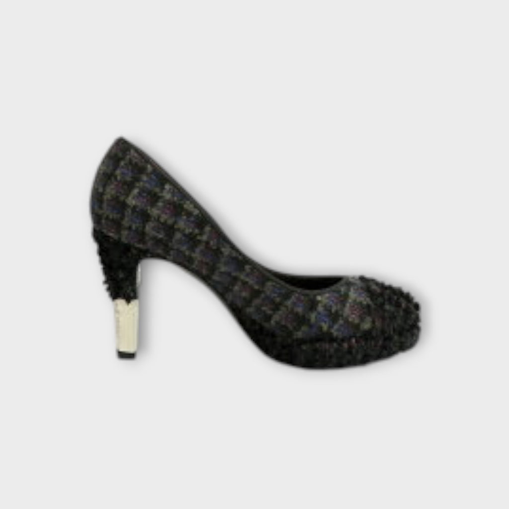 CHANEL Tweed Pumps G27495 Size 34.5 (21.5cm) Black with Coco Mark