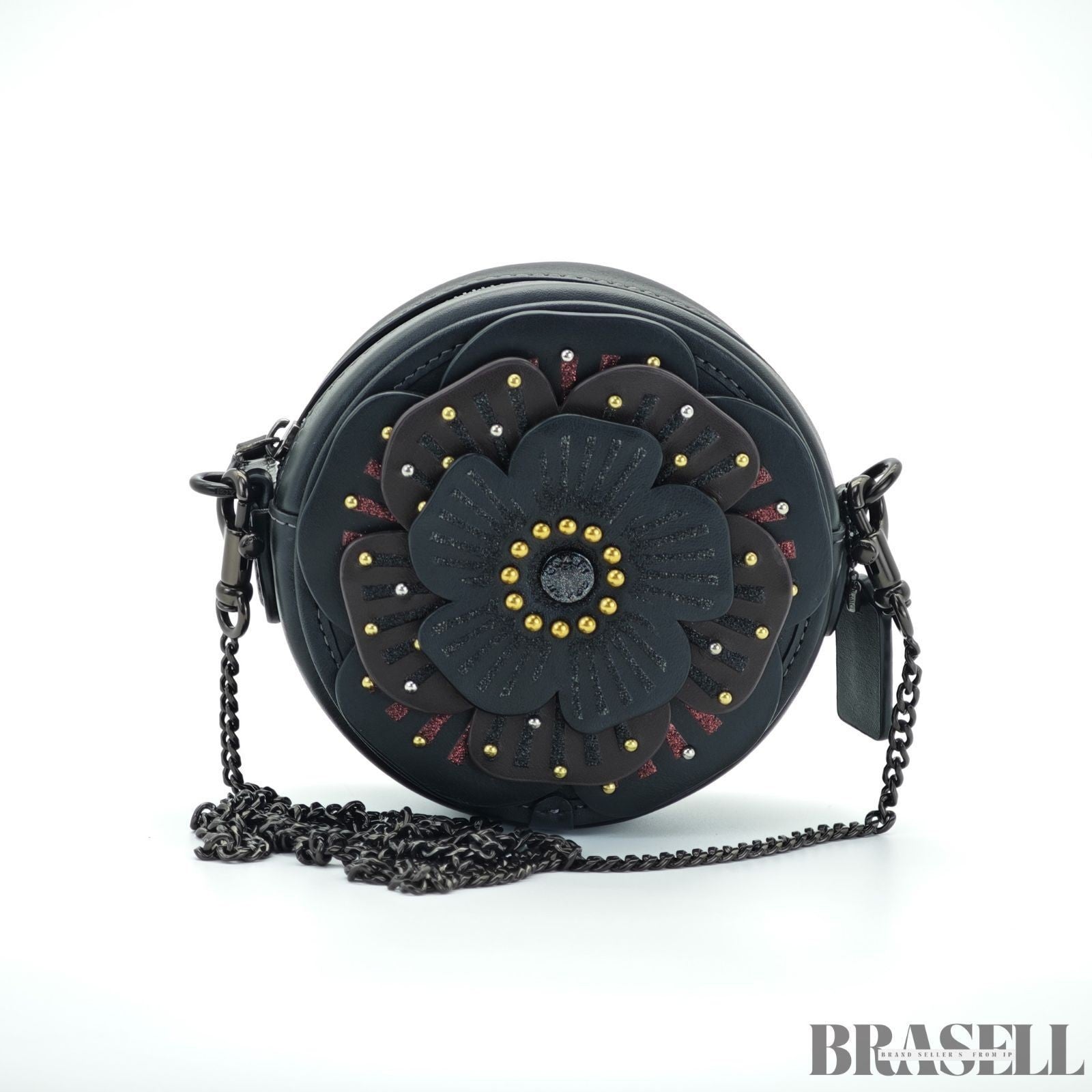 COACH Tea Rose Crossbody Bag CE782 Flower Round Shoulder Bag Black Women’s