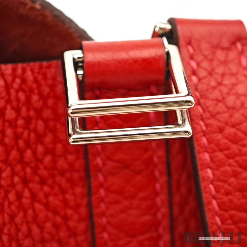 HERMES Picotin Lock Red Handbag Tote Bag Leather Silver Hardware with Padlock