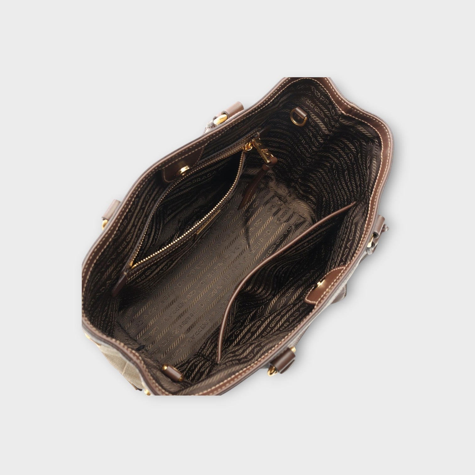 Prada Logo Jacquard Handbag Canvas Leather Beige Brown 1BA172 Gold Hardware 【A】