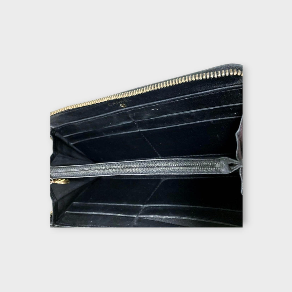CHANEL Camellia Zippy Long Wallet with Gold Line and Coco Mark