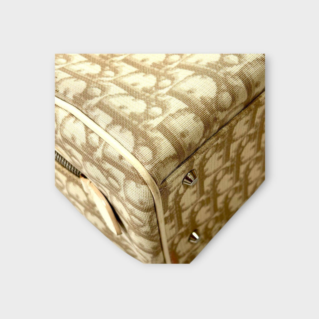 Dior Trotter PVC Leather Floral Handbag Tote Bag Beige Silver Hardware 【B】