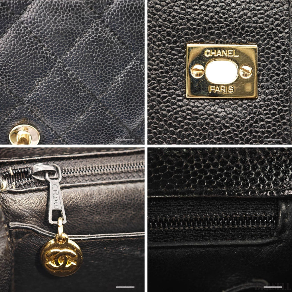 CHANEL Top Handle Bag Caviar Leather Handbag Black Women's with Dust Bag Card