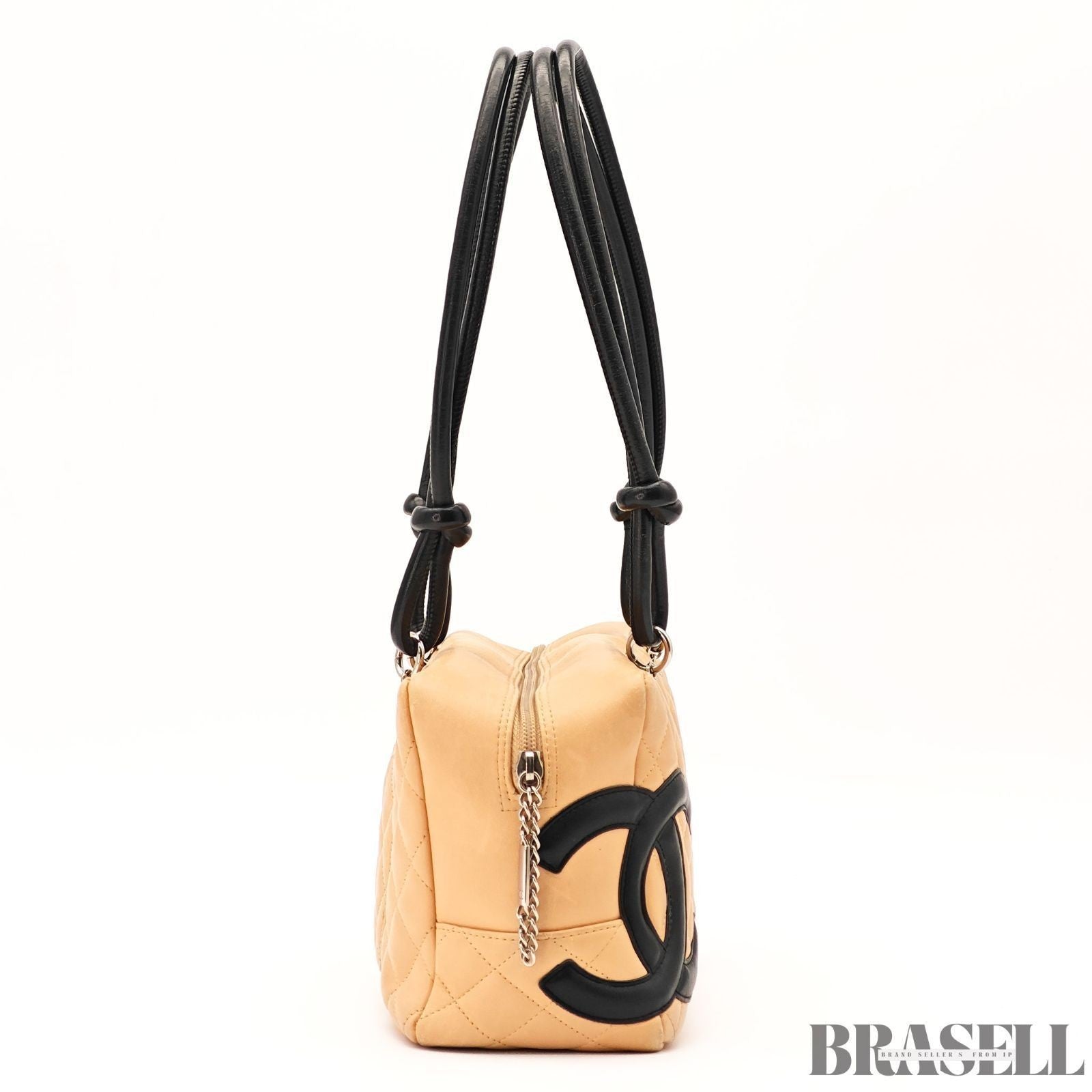 CHANEL Cambon Bowling Bag Handbag Leather Beige Black France Women