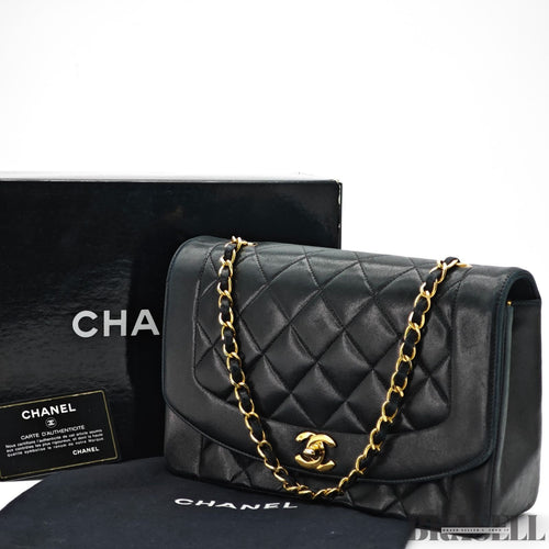 CHANEL Diana 25 Lambskin Flap Bag Black Quilted Shoulder Bag Women's