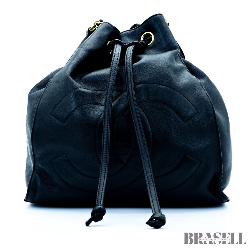 Chanel Drawstring Lambskin Coco Mark Chain Shoulder Bag Black Women w/Dust Bag