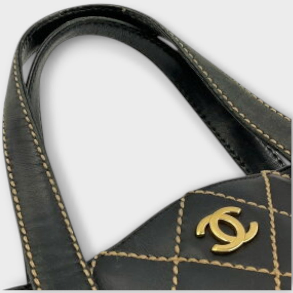 CHANEL A18126 Wild Stitch Tote Bag Leather Serial Seal Peeling Black x Beige