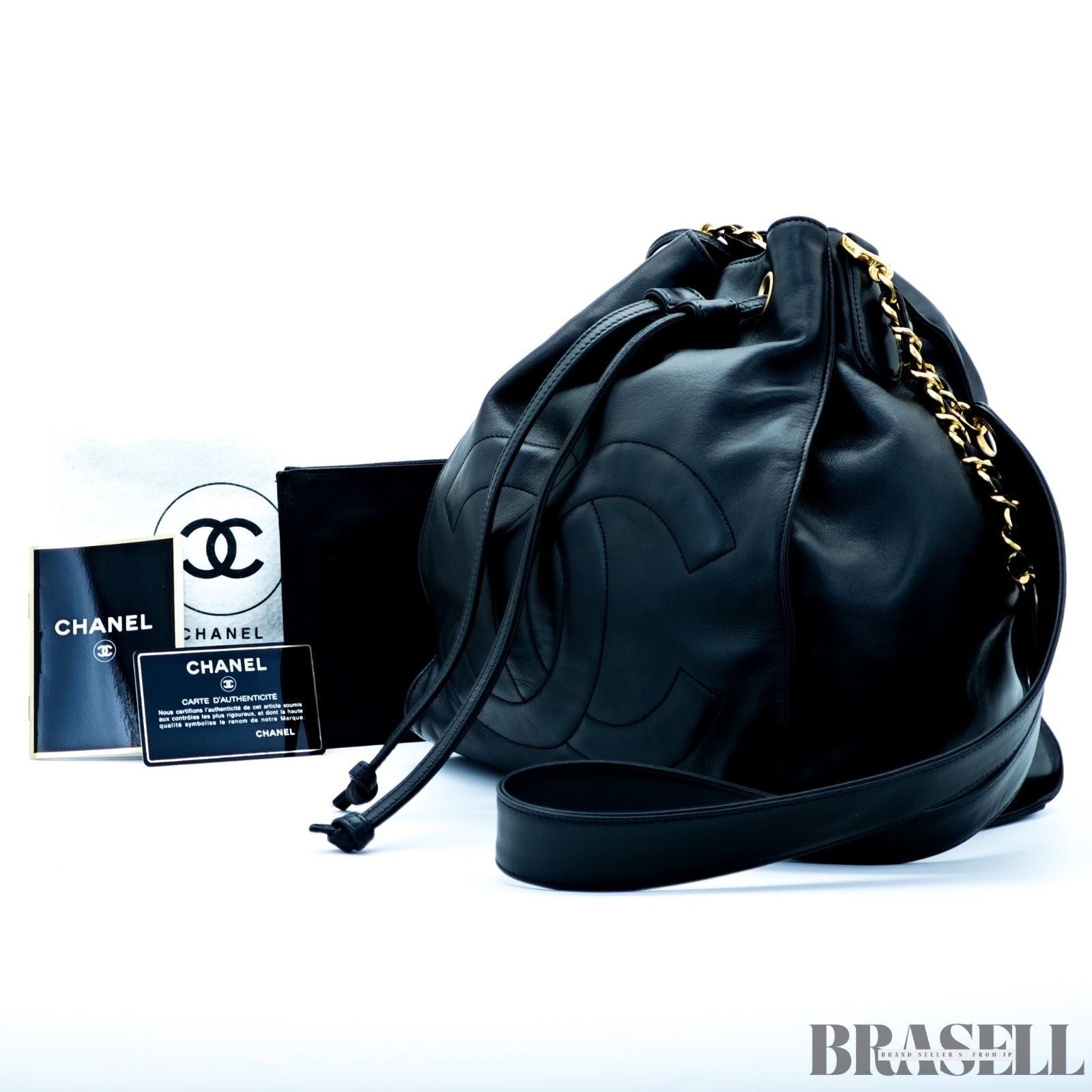 Chanel Drawstring Lambskin Coco Mark Chain Shoulder Bag Black Women w/Dust Bag