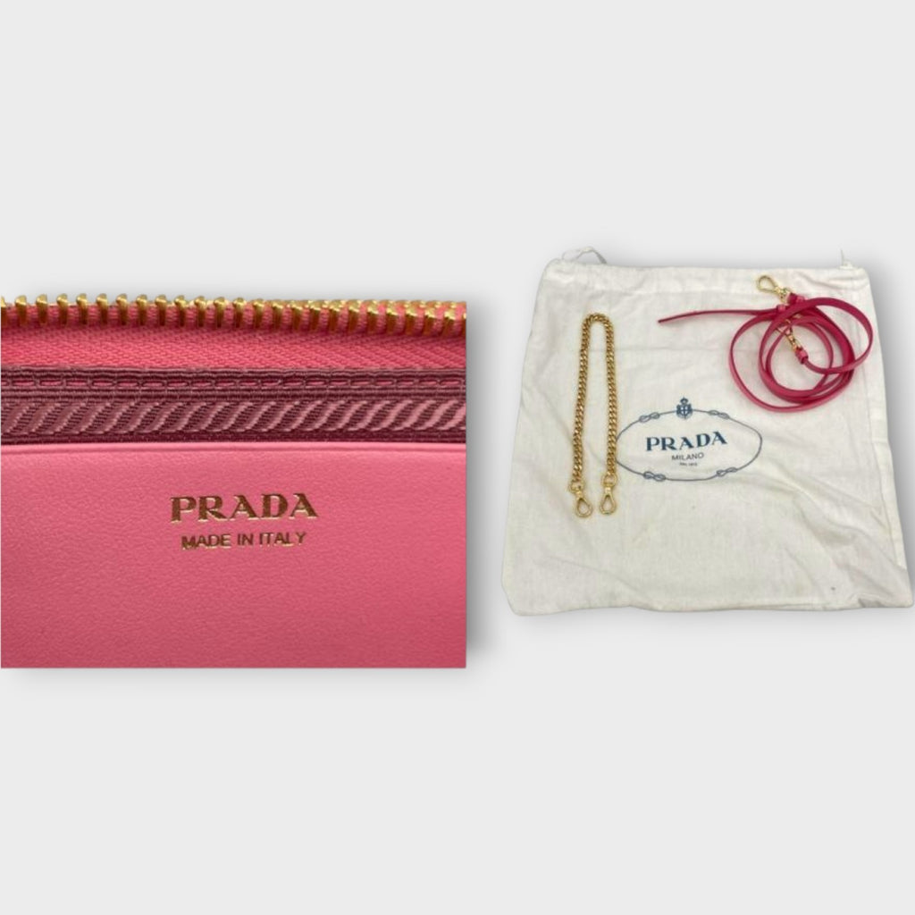 PRADA Triangle Shoulder 1NR015 Pink Gold Hardware Leather/Raffia Shoulder Bag