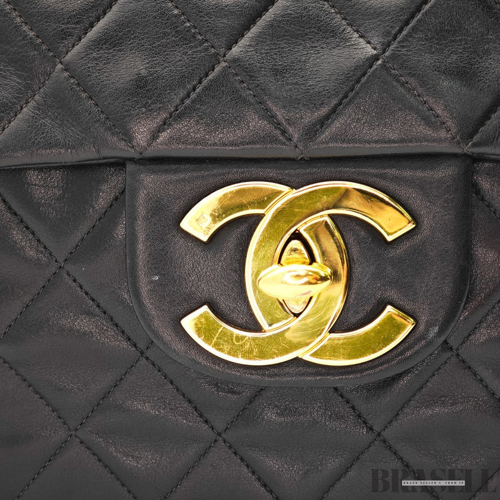 CHANEL Maxi Jumbo Matelasse Quilted Lambskin Chain Handbag Top Handle Bag Black