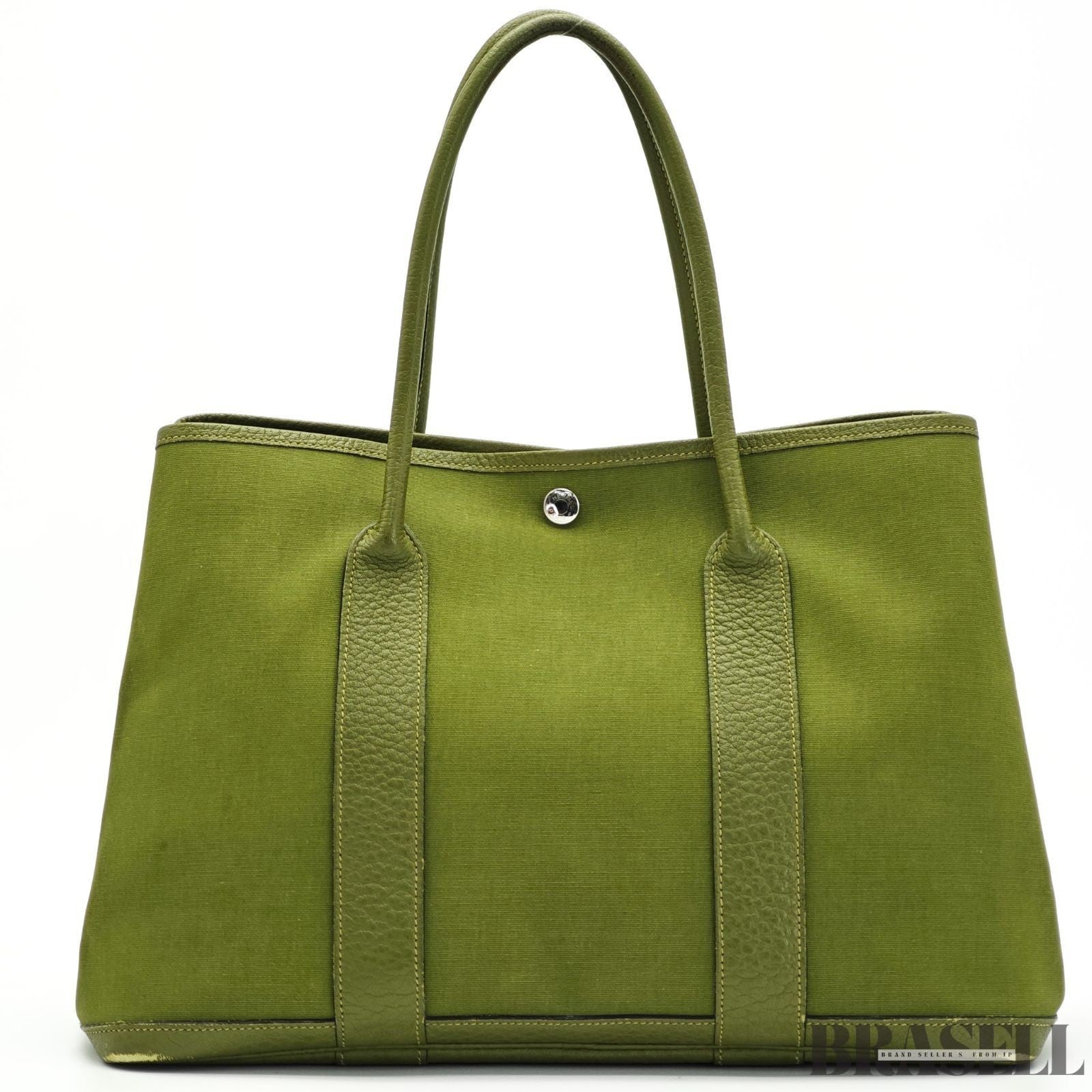HERMES Garden Party MM Green Cobalt Canvas Leather Tote Bag Women’s
