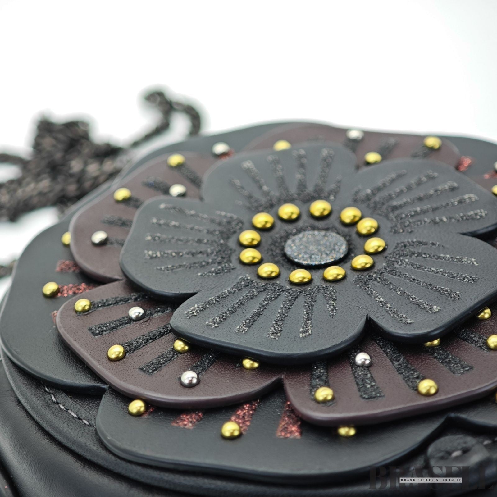 COACH Tea Rose Crossbody Bag CE782 Flower Round Shoulder Bag Black Women’s