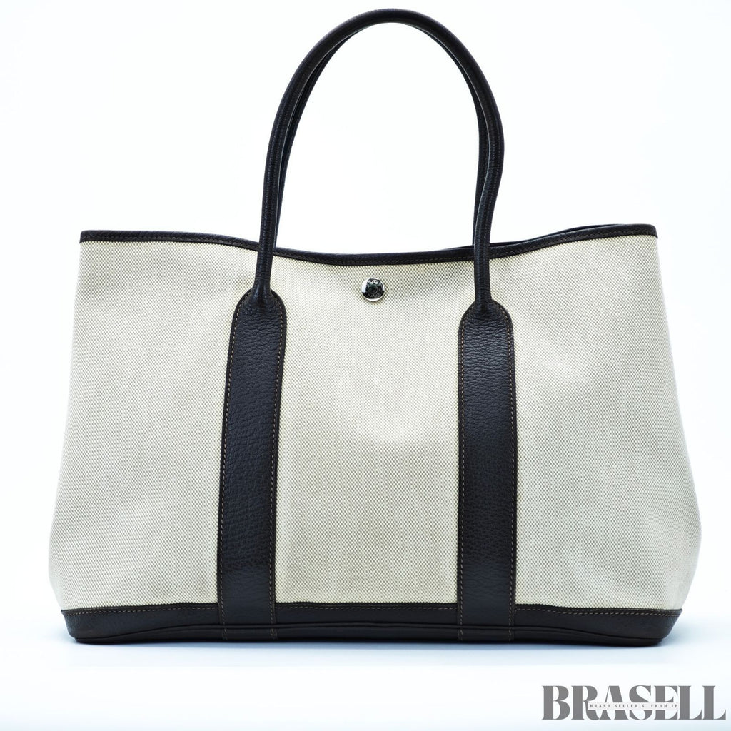 HERMES Garden Party PM Tote Bag Beige Dark Brown Canvas Leather Women’s