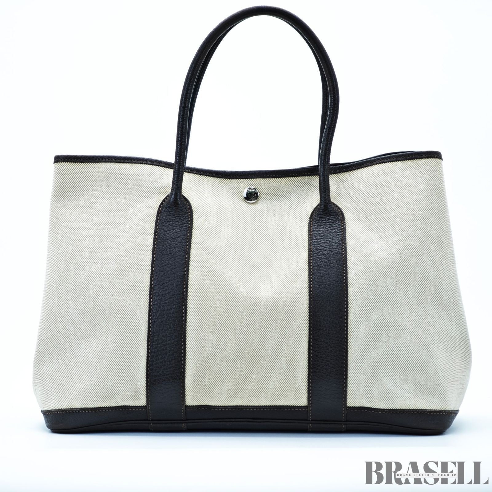 HERMES Garden Party PM Tote Bag Beige Dark Brown Canvas Leather Women’s