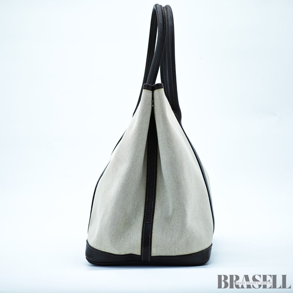 HERMES Garden Party PM Tote Bag Beige Dark Brown Canvas Leather Women’s