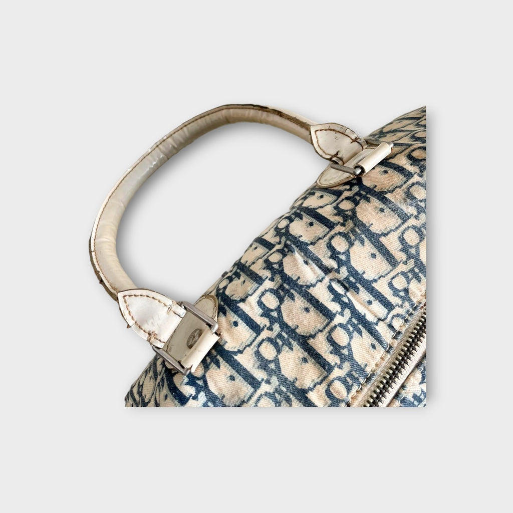 Christian Dior Trotter Flower Mini Boston Handbag Canvas Leather Navy Beige 【B】