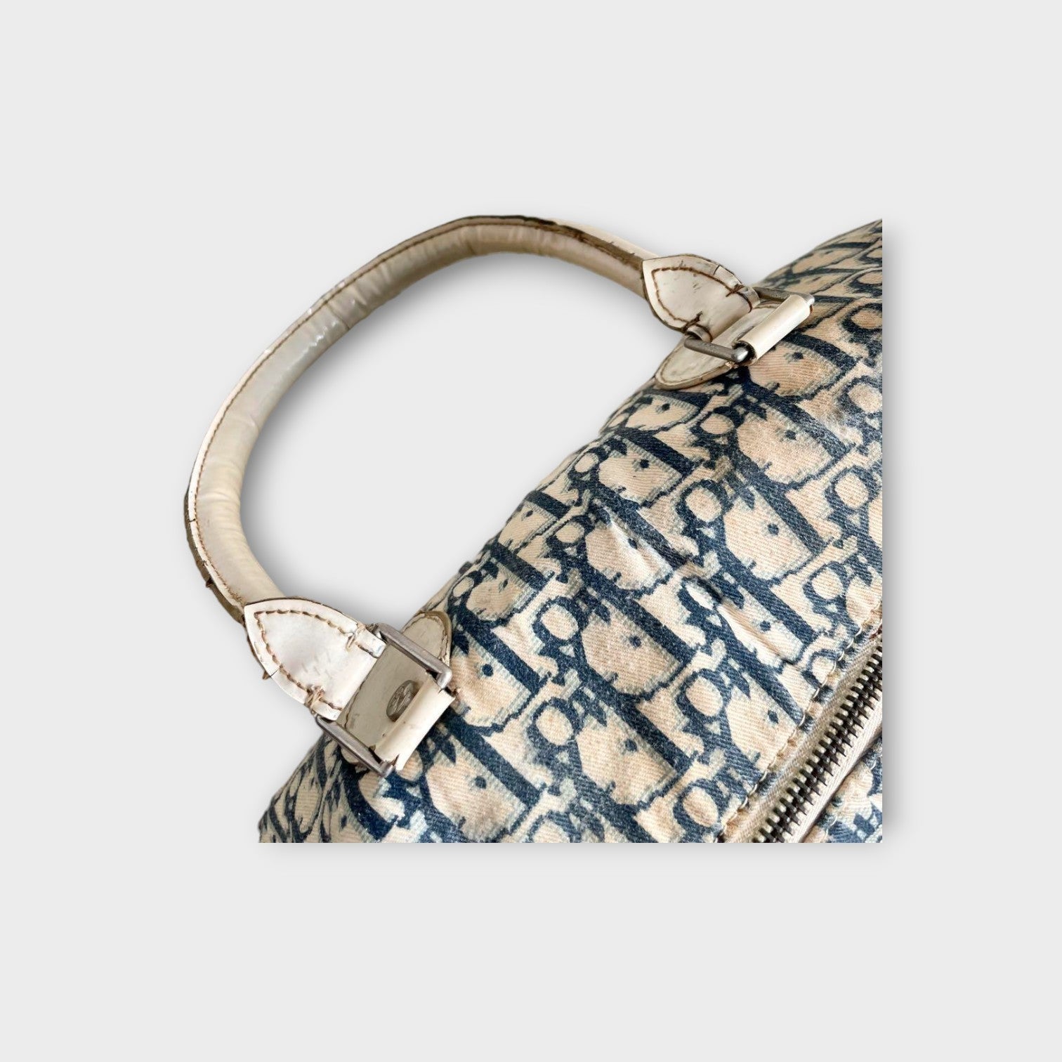 Christian Dior Trotter Flower Mini Boston Handbag Canvas Leather Navy Beige 【B】