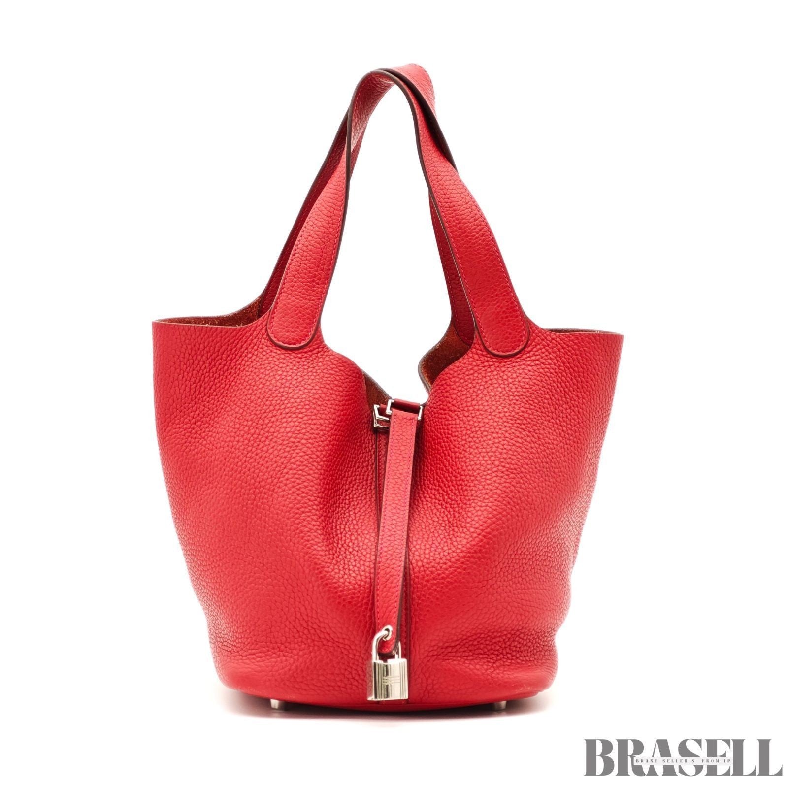 HERMES Picotin Lock Red Handbag Tote Bag Leather Silver Hardware with Padlock