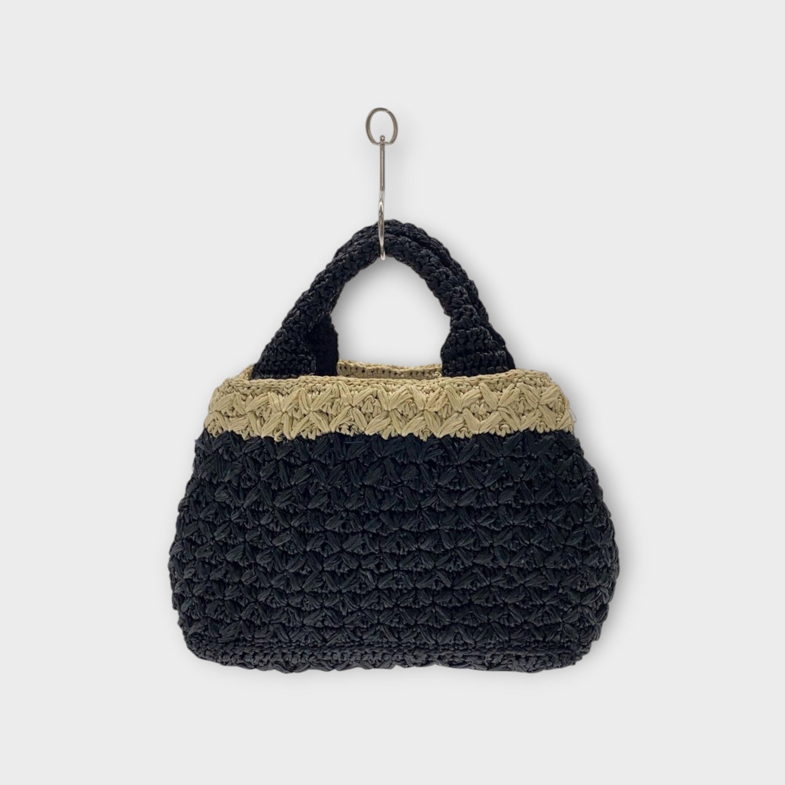 PRADA Raffia Tote Bag Shoulder Strap Bicolor Black Ivory