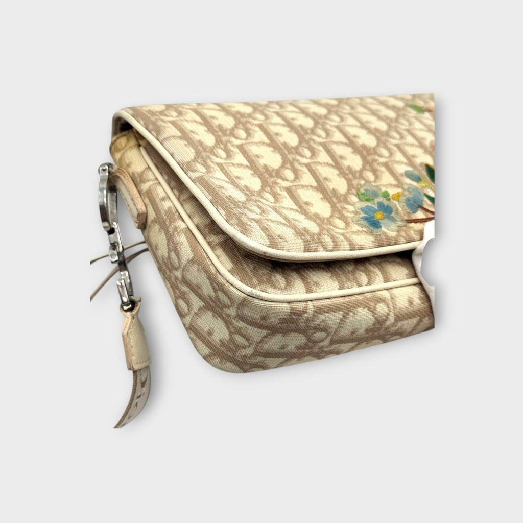 Dior Trotter Flower Embroidery Shoulder Bag CD Hardware Canvas Leather Beige 【B】