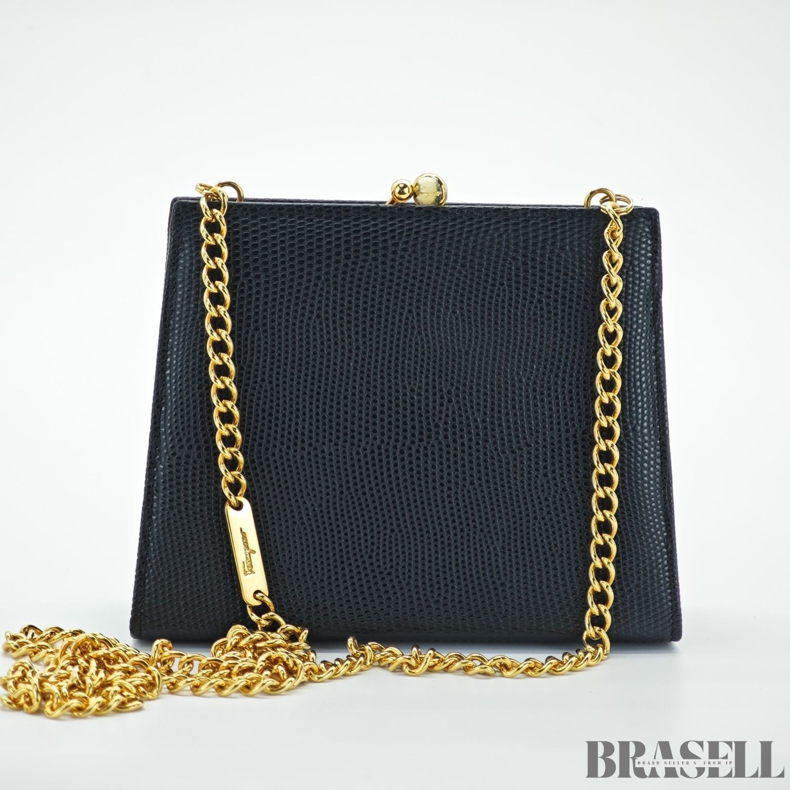 Salvatore Ferragamo Vara Ribbon 22-3054 Embossed Compact Shoulder Bag Black