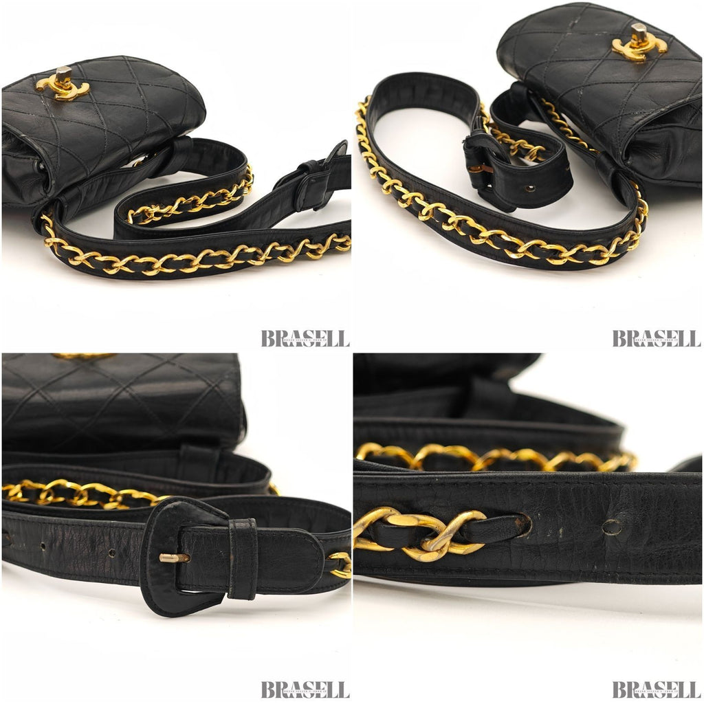 CHANEL Belt Bag Black Leather Gold Turnlock CC Logo Chain Waist Pouch Quilting