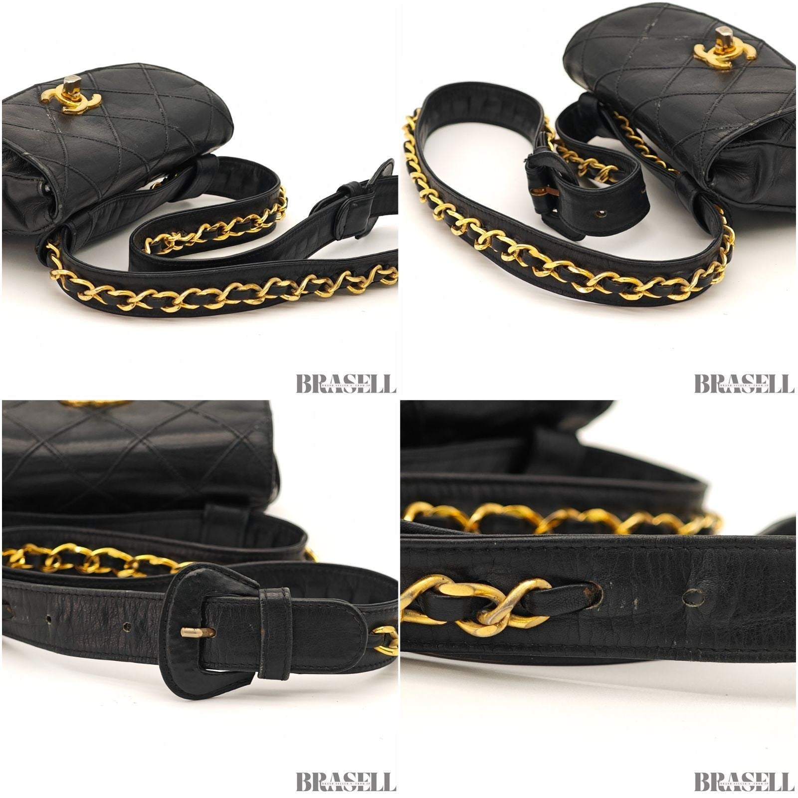 CHANEL Belt Bag Black Leather Gold Turnlock CC Logo Chain Waist Pouch Quilting