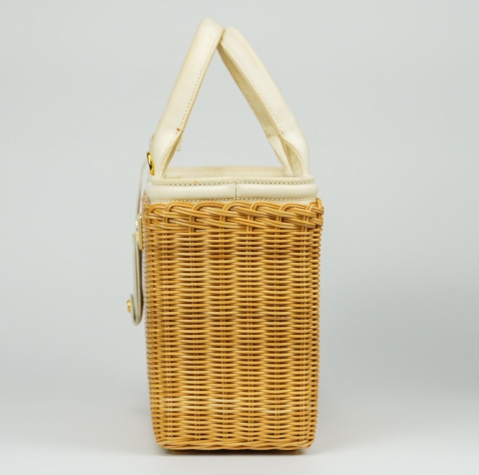 PRADA Canapa Wicker Basket Bag Rattan Raffia 2Way Beige White hand shoulder 【B】