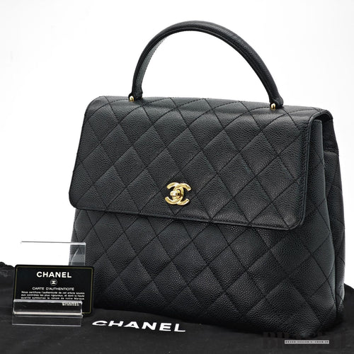 CHANEL Kelly Top Handle Bag Caviar Skin Black Handbag Women's Guarantee Card
