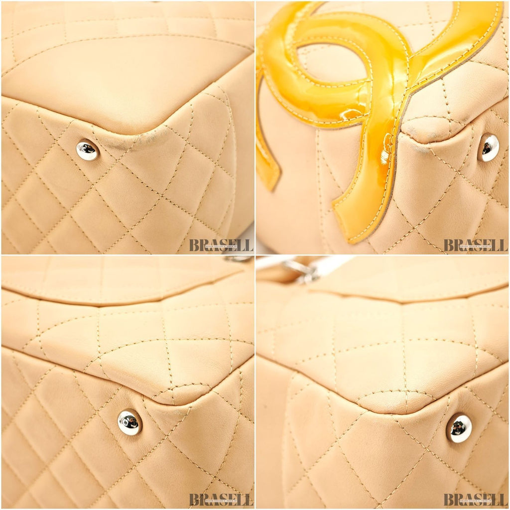 CHANEL Cambon Line Bowling Tote Bag Handbag Leather Beige with Warranty Card