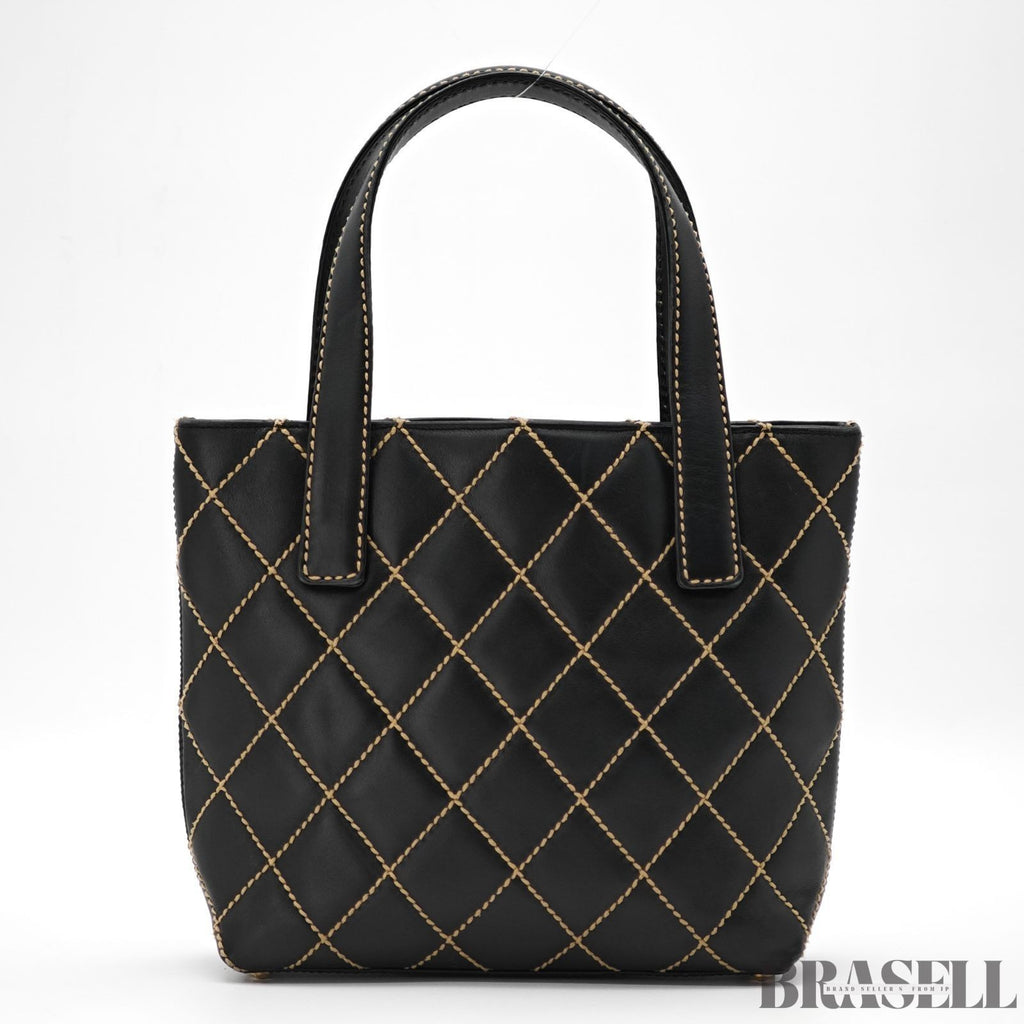 CHANEL Wild Stitch Tote Bag Handbag Calf Leather Black with Warranty Card