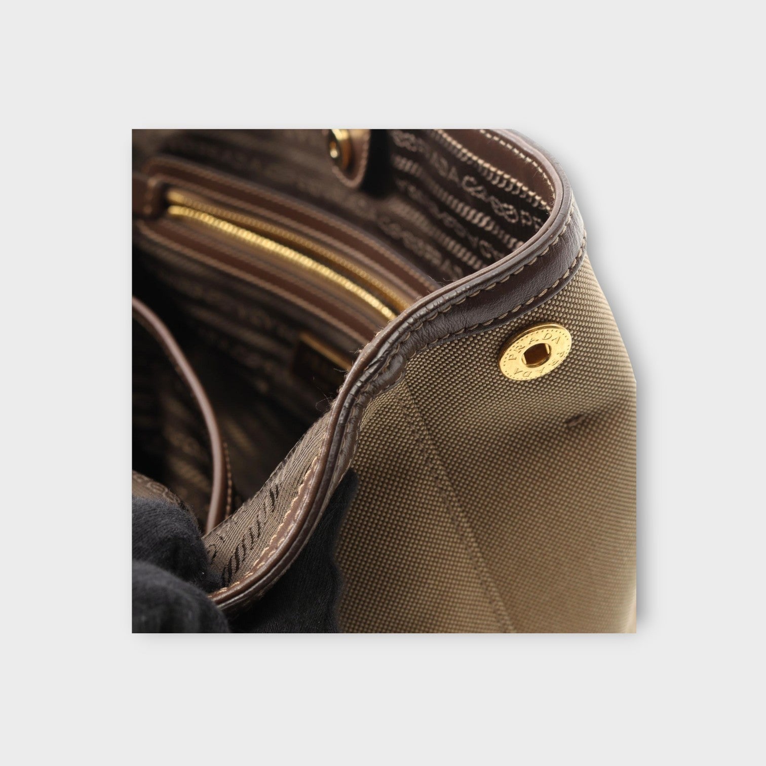 Prada Logo Jacquard Handbag Canvas Leather Beige Brown 1BA172 Gold Hardware 【A】