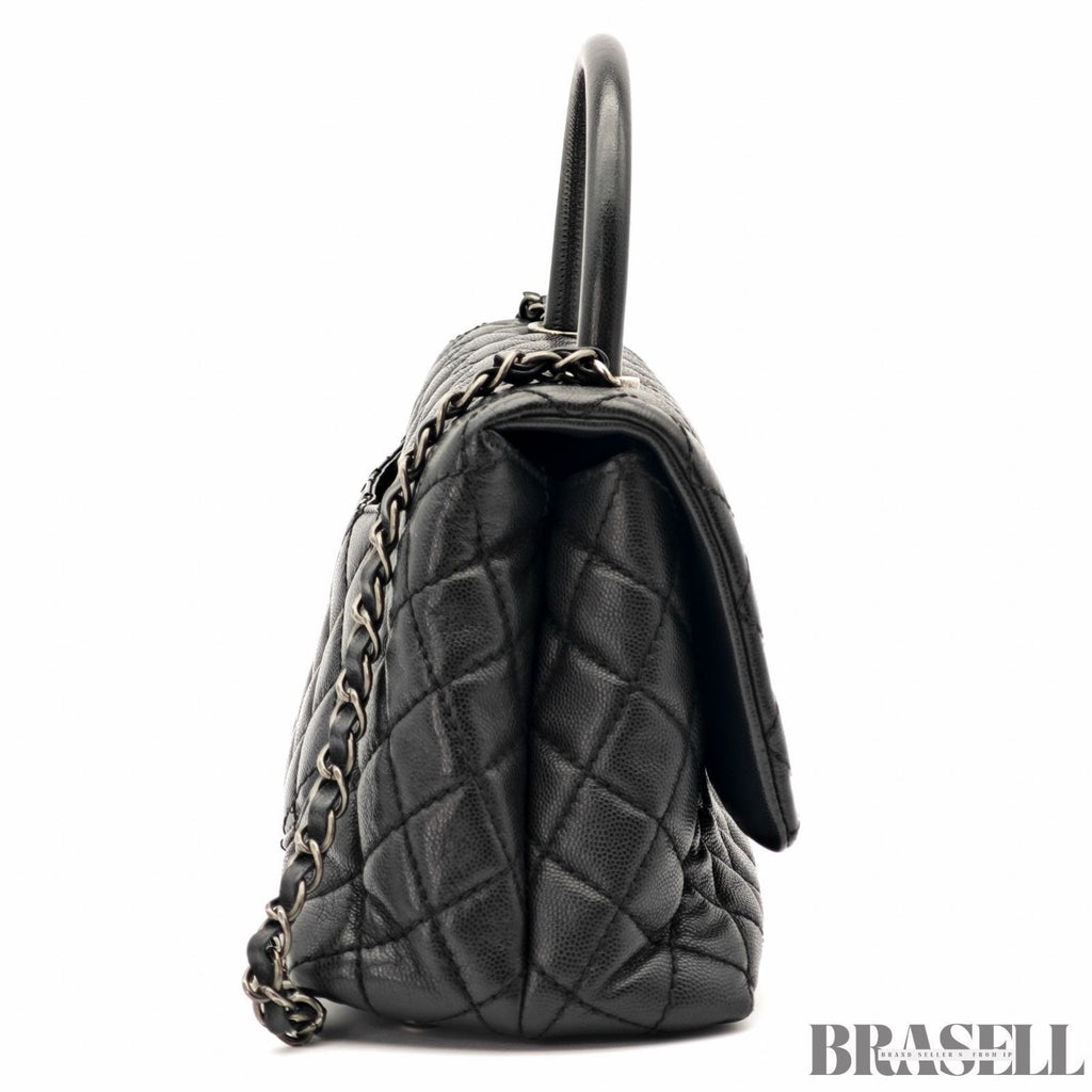 CHANEL Top Handle Matelasse 2Way Handbag Shoulder Bag Black Caviar Skin Women