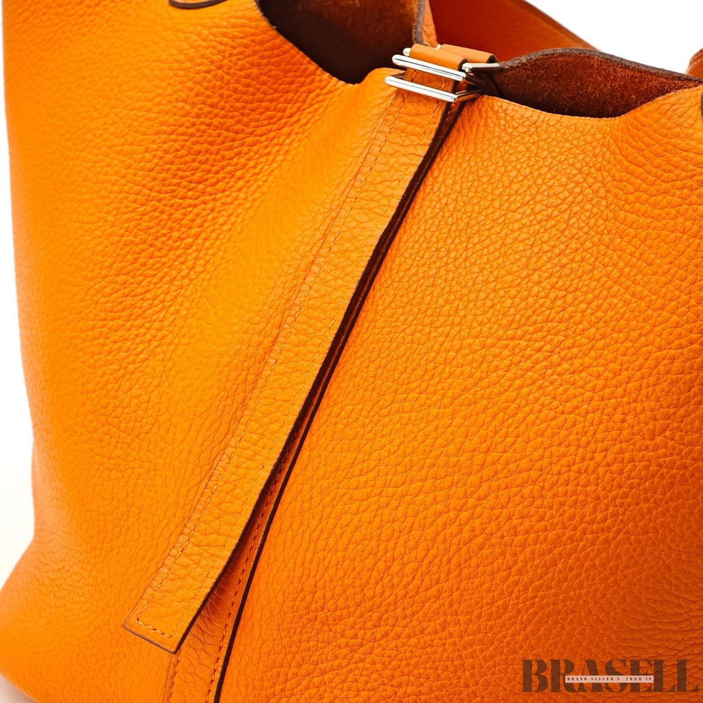 HERMES Picotin Lock MM Tote Bucket Bag Handbag Leather Orange Taurillon Clemence