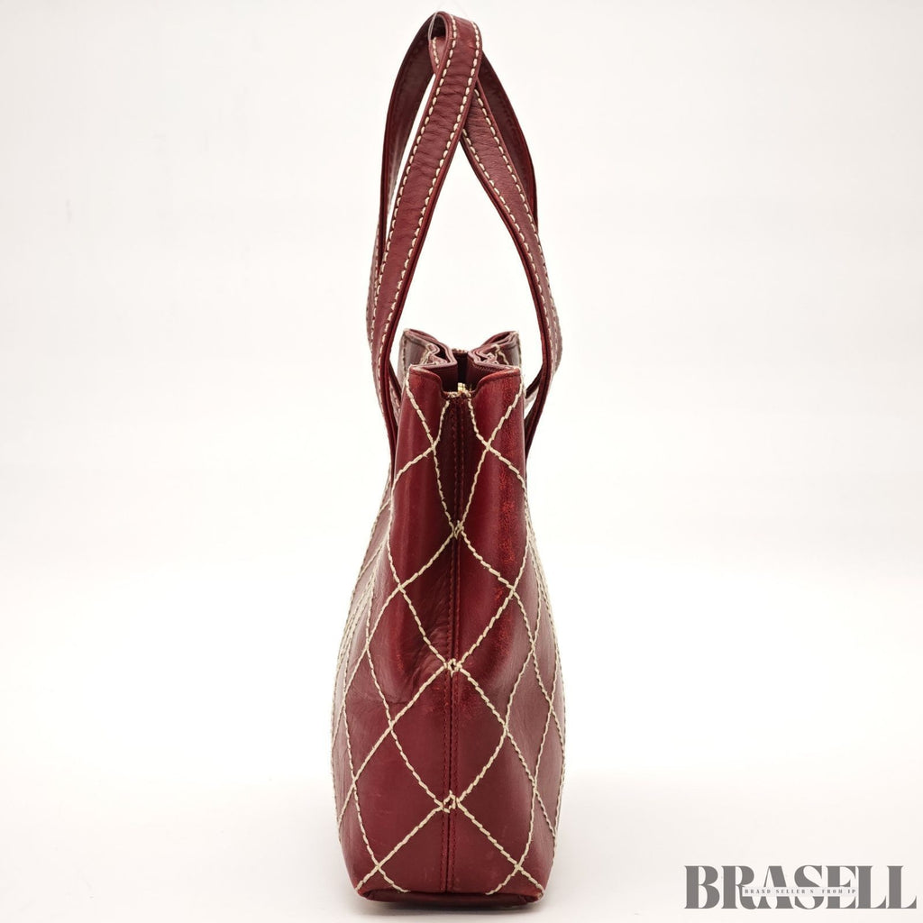 Authentic CHANEL Wild Stitch Tote Bag Handbag Leather Red Magnet Women