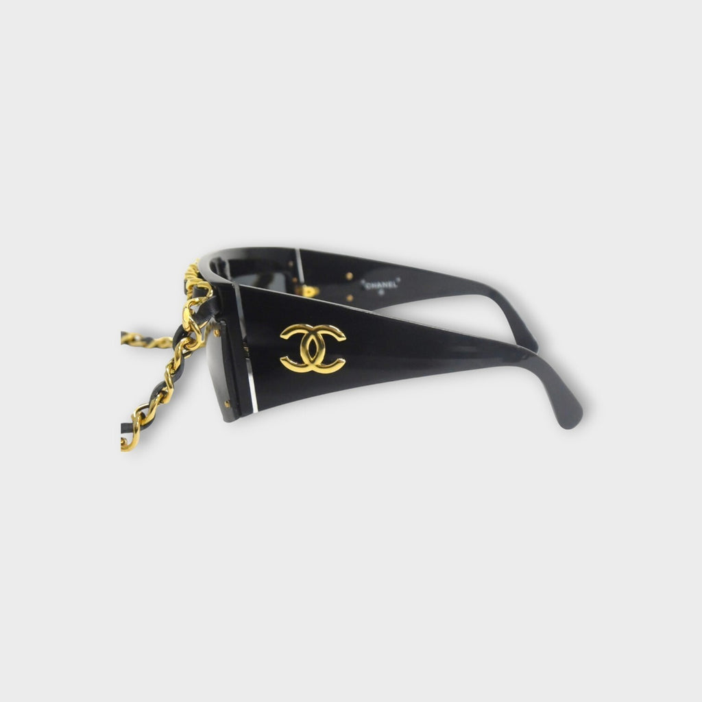 CHANEL Chain Sunglasses Coco Mark 0027 90 Leather Metal Black 【A】